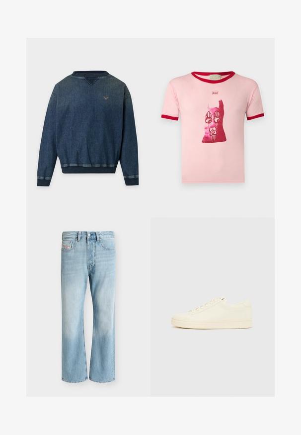 Sweat-shirt en denim bleu foncé à manches longues avec poignets, ourlet et col en côte, et petit logo brodé sur la poitrine gauche.; T-shirt rose clair à manches courtes avec bordure rouge, présentant un graphisme abstrait rouge avec yeux, mains, lèvres, et le mot « Bélier » au-dessus du design.; Jean en denim bleu clair avec cinq poches et une coupe droite, présenté sur un fond blanc uni.; Baskets couleur crème avec une tige en cuir lisse, bout arrondi, laçage à l'avant et semelle en caoutchouc texturée. Design minimaliste, sans logo.