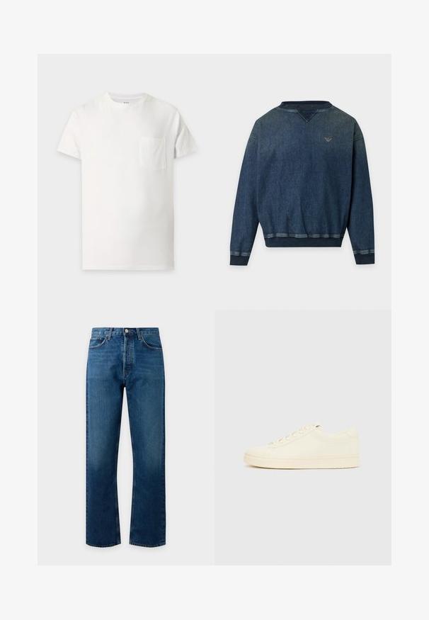 Sweat-shirt en denim bleu foncé à manches longues avec poignets, ourlet et col en côte, et petit logo brodé sur la poitrine gauche.; T-shirt blanc uni à manches courtes avec un col rond et une petite poche poitrine sur le côté gauche.; Jean en denim bleu coupe droite avec poches avant, passants pour ceinture et fermeture par bouton sur un fond clair uni.; Baskets couleur crème avec une tige en cuir lisse, bout arrondi, laçage à l'avant et semelle en caoutchouc texturée. Design minimaliste, sans logo.