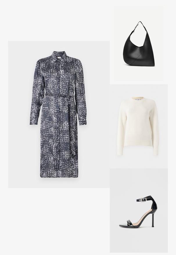 Kreemjas tooni kudumitega pikkade varrukatega sviiter ribidega mansettide ja alläärega, ümmargune kaelus ning väike brodeeritud logo rinnal.; Calvin Klein DRESS - Särkkleit - inkwell; Mustast lakknahast kõrge kontsaga sandaal, millel on pahkluu rihm. Oman minimalistlikku disaini, avatud varvaste ja litritega kaunistatud pandlaga.; Mustast nahast õlakott, kõverate kolmnurksed servad, reguleeritav üks rihm ja nähtav diagonaalne õmblus esiküljel.