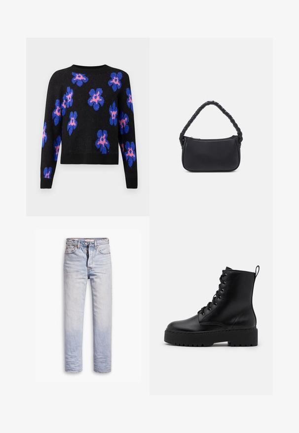 Sort sweater med et blomstermotiv i blå og pink. Strikket tekstur med rund hals og lange ærmer. Kort design.; Lyseblå denimjeans med lige ben, der har en knaplukning, fem lommer og en diskret falmning langs benene.; Sort læder ankelstøvle med en tykk, tekstureret sål, rund tå og metaløjer til snørebånd. Har en løkke bagpå.; Sort håndtaske med en rund form, lavet af glat materiale. Har et flet håndtag og en lynlåslukning for sikker opbevaring.