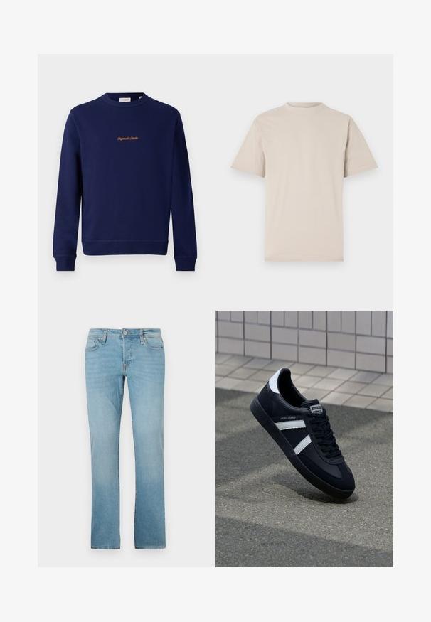 Marineblaues Sweatshirt aus Baumwolle mit Rundhalsausschnitt, gerippten Ärmelbündchen und einem kleinen, orangefarbenen, gestickten Logo auf der Vorderseite.; Beige T-Shirt mit kurzen Ärmeln, Rundhalsausschnitt, aus glattem Baumwollstoff, mit lässiger Passform und ohne sichtbare Muster oder Verzierungen.; Helle Blaue Jeans aus Denim mit geradem Bein, fünf Taschen, Knopfverschluss und subtiler Verblassung für Textur.; Schwarze Leder-Sneaker mit weißen Streifen, strukturiertem Gummisohle und Schnürung. Verfügt über ein Markenetikett auf der Zunge.