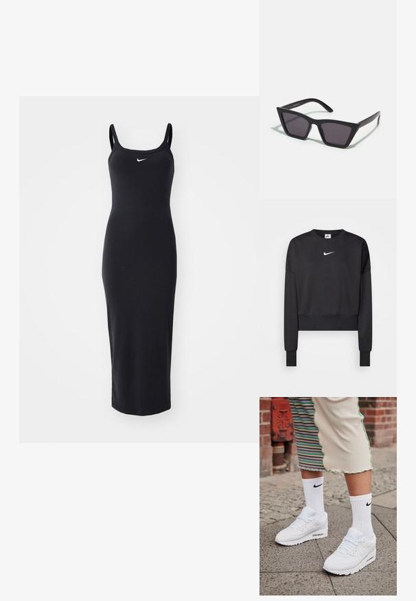 Zwarte cropped sweatshirt van een katoenmix, met een ronde halslijn, lange mouwen en een wit Nike-logo op de borst.; Zwart aansluitend midi-jurkje met dunne bandjes, geribbelde textuur en een klein wit Nike-logo op de borst. Minimalistisch ontwerp, rekbare stof.; Witte Nike Air Max 90 sneakers met een bovenwerk van mesh en leer, voorzien van een zichtbare luchtunit, gecombineerd met witte geribbelde sokken met een zwart logo.; Zwarte, hoekige zonnebril met grijze lenzen; gemaakt van plastic, met dikke armen met een gladde oppervlakte en zonder zichtbare hardware.