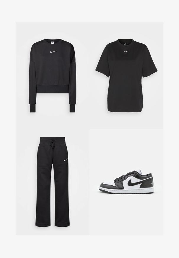 Čierna krátka mikina vyrobená z bavlnenej zmesi, s okrúhlym výstrihom, dlhými rukávmi a bielym logom Nike na hrudi.; Čierne bavlnené tričko s krátkymi rukávmi, okrúhlym výstrihom a bielym logom Nike swoosh na hrudi. Jednoduchý, uvoľnený dizajn.; Čierne tepláky vyrobené z bavlnenej zmesi, s elastickým pásom na šnúrku, rovnými nohavicami a bielym logom Nike na ľavej strane.; Čierno-biele nízke tenisky Nike majú hladký kožený zvršok, okrúlu špičku, šnurovacie zapínanie a vzorovanú gumovú podrážku.