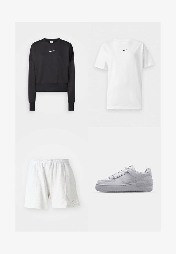 Sort cropped sweatshirt lavet af en blanding af bomuld, med rund halsudskæring, lange ærmer og et hvidt Nike-logo på brystet.; Hvid t-shirt med korte ærmer og rund halsudskæring med et lille sort Nike Swoosh-logo centreret nær kraven.; Grå atletiske shorts lavet af letvægtsstof, med elastisk talje, synede accenter og et lille logo på nederste venstre side.; Grå Nike Air Force 1 sneakers med perforeret tå, glat læderoverdel, tyk sål og præget 'AIR' detalje på hælen.