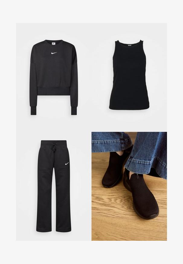 Sudadera corta negra hecha de una mezcla de algodón, con un cuello redondo, mangas largas y un logo blanco de Nike en el pecho.; Zign Top - black; Pantalones de chándal negros hechos de una mezcla de algodón, con una cintura elástica ajustable, piernas rectas y un logo blanco de Nike en el lado izquierdo.; Zapatos negros sin cordones con parte superior de punto texturizado y abertura elástica. Tienen una forma de puntera redondeada y una suela baja con amortiguación, usados con un dobladillo de mezclilla.