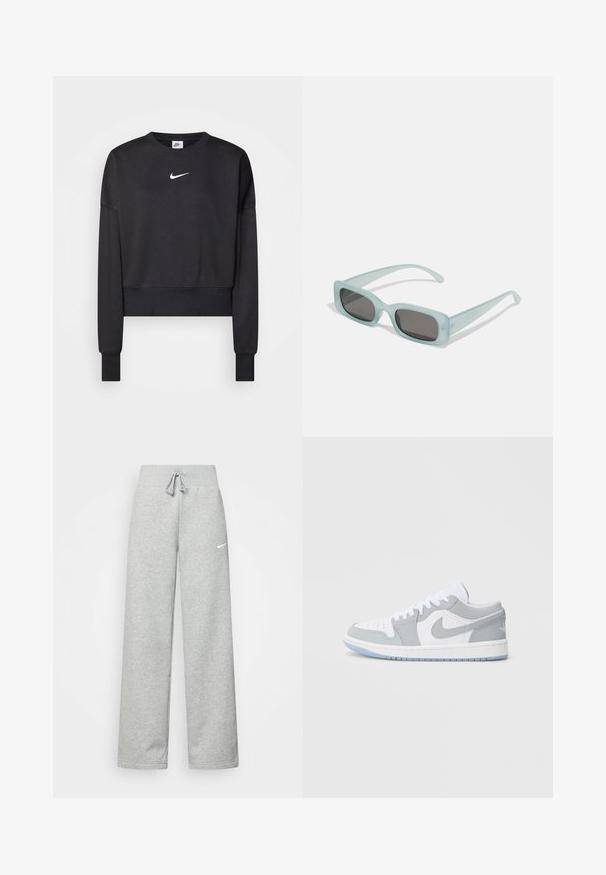 Zwarte cropped sweatshirt van een katoenmix, met een ronde halslijn, lange mouwen en een wit Nike-logo op de borst.; Grijze sweatpants met een elastische tailleband, een trekkoord-detail en een klein wit Nike-logo op de linkerdij. Zachte stof, losvallend.; Nike-sneakers met een mix van grijs en wit leer, geperforeerde neus, veters en een lichtblauwe buitenzool met logo-ontwerp.; Een paar rechthoekige zonnebrillen met lichtblauwe doorzichtige monturen en donkergrijze glazen, met rechte pootjes en minimale hardwaredetails.