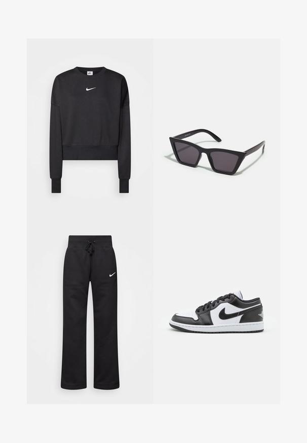 Schwarzer, verkürzter Sweatshirt aus Baumwollmischung mit Rundhalsausschnitt, langen Ärmeln und einem weißen Nike-Logo auf der Brust.; Schwarze Sweatpants aus einem Baumwollmix, mit einem Kordelzugbund, geraden Beinen und einem weißen Nike-Logo auf der linken Seite.; Schwarz-weiße Nike Low-Top-Sneaker verfügen über ein glattes Leder-Obermaterial, eine runde Zehenpartie, eine Schnürung und eine gemusterte Gummisohle.; Schwarze, eckige Sonnenbrille mit grauen Gläsern; aus Kunststoff gefertigt, mit dicken Bügeln, die eine glatte Oberfläche und keine sichtbaren Beschläge haben.