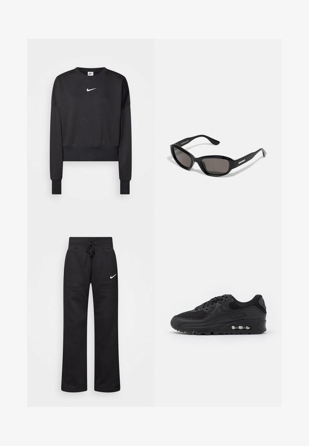 Sort cropped sweatshirt lavet af en blanding af bomuld, med rund halsudskæring, lange ærmer og et hvidt Nike-logo på brystet.; Sorte sweatpants lavet af en bomuldsblanding, med en snøre i taljen, lige ben og et hvidt Nike-logo på venstre side.; Sort atletisk sneakers med en glat læder- og mesh-overdel, rund tå, teksturerede detaljer og en synlig luftenhed i sålen.; Sorte solbriller med rektangulært stel, mørke linser, glat plastmateriale og en metalaccent på templet.
