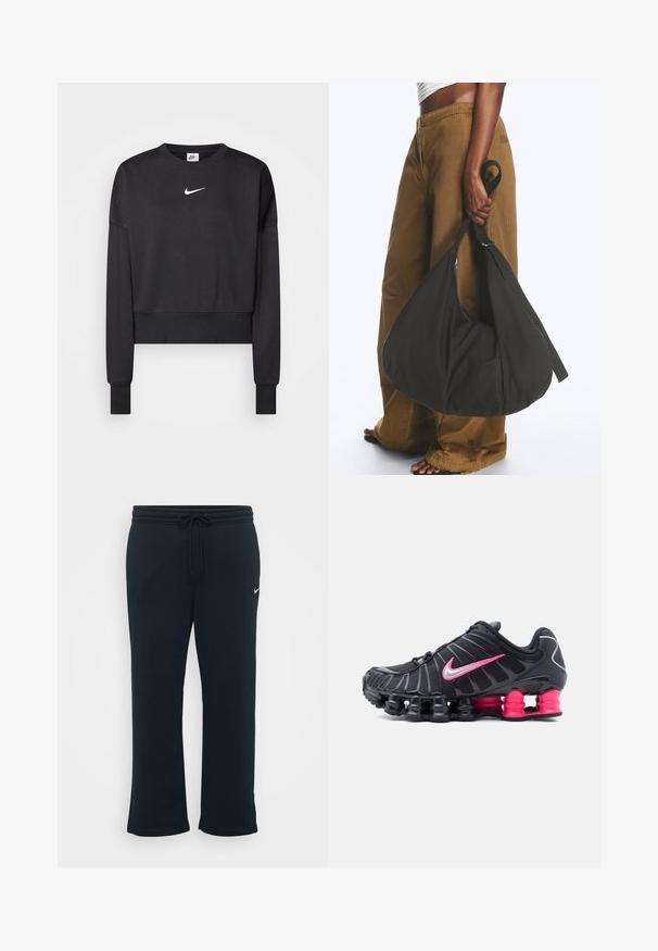 Must have kaelusega must lühendatud puuvillane dressipluus, millel on ümar kaelus, pikad varrukad ja rinnal valge Nike logo.; Mustad mustad koos elastse vöökohtaga ja reguleeritava paelaga. Vasakul küljel on väike valge Nike logo. Pehme kangast tekstuur.; Mustad spordijalats segmentse kevadpõhjaga, erkroosa Nike embleem ja roosad kannapõhja segmendid, nähtud paremalt küljelt valgel taustal.; Isik kannab pruune laia säärega pükse ja valget topi, hoides oma külje peal suurt musta pehmet käekotti sangast kinni.