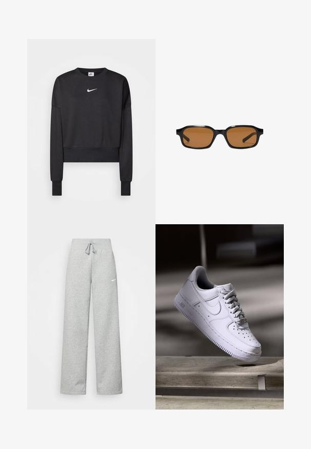 Mustat lyhyet hihatettu collegepaita, joka on valmistettu puuvillasekoitteesta. Paidassa on pyöreä kaula-aukko, pitkät hihat ja valkoinen Nike-logo rinnassa.; Harmaat verkkarit, joissa on elastinen vyötärö, nauhaverhoilu ja pieni valkoinen Nike-logo vasemmassa reidessä. Pehmeä kangas, löysä istuvuus.; Valkoinen Nike Air Force 1 -tossu leijuu betonipinnan yläpuolella varjojen kera minimalistisessa ympäristössä.; Musta suorakaiteen muotoinen aurinkolasit, joissa paksut kehykset ja ruskeat sävytetyt linssit, esitettynä edestä valkoisella taustalla.