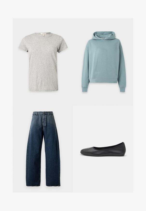 Sweat à capuche bleu clair avec manches longues, poignets et ourlet côtelés, présenté sur fond blanc uni. Aucun motif ou logo visible.; T-shirt gris clair à manches courtes et col rond avec un motif chiné subtil affiché sur un fond uni.; Jean en denim bleu foncé taille haute, jambes larges, fermeture par bouton et zip, passants pour ceinture, texture subtilement délavée.; Ballerines en cuir noir avec un bout rond, texture lisse, détails de couture minimalistes et design de semelle flexible.
