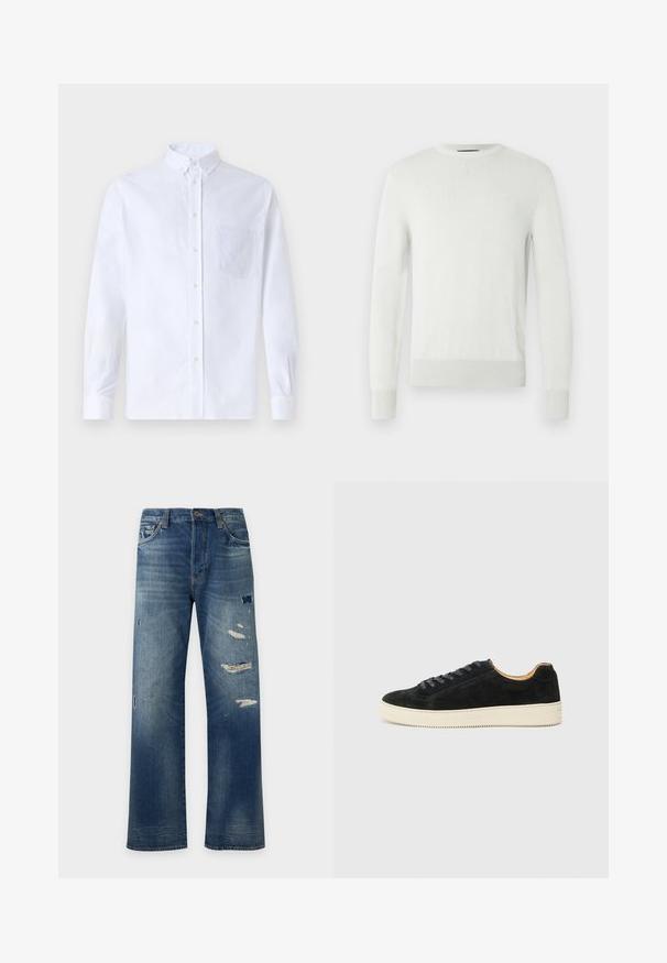 Pull gris clair à col ras du cou en matière tricotée douce. Présente des poignets et un ourlet côtelés, avec une texture subtile et un design minimaliste.; Chemise blanche à manches longues avec boutons en coton, présentant une poche poitrine avec broderie ton sur ton, un col et des poignets boutonnés.; Jean en denim bleu coupe droite avec des zones délavées et plusieurs patches usés sur l'avant des cuisses et des genoux.; Baskets en daim noir au design bas, avec des lacets assortis, une semelle en caoutchouc texturé crème et une silhouette minimaliste.