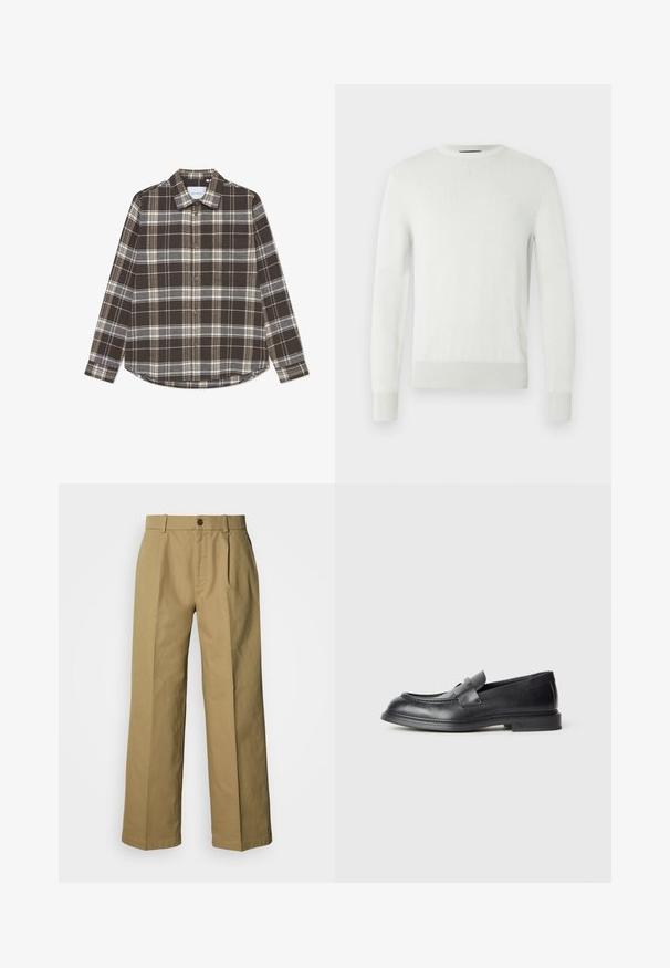 Lysegrå crewneck-trøje lavet af blødt strikket materiale. Har ribstrikkede manchetter og kant samt en subtil tekstur og et minimalistisk design.; Brunternet button-up skjorte lavet af flannel, med hvide og grå linjer, en spidse krave og en afrundet kant.; Beige bukser med vidde i benene, lavet af bomuld, med knappelukning foran, tre læg og lige kanter for en afslappet pasform.; Sorte læder loafers med en struktureret finish, der har en dekorativ frontrem og en rundet tå. Gummisål for holdbarhed.