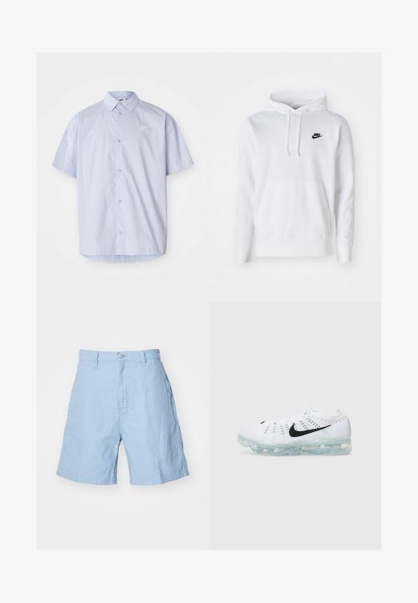 Sudadera blanca de mezcla de algodón con capucha ajustable, bolsillo canguro frontal, puños acanalados y un pequeño logo negro de Nike en el pecho.; Camisa de manga corta azul claro hecha de una tela suave, con un diseño de botones y un pequeño logo blanco de Nike en el pecho.; Pantalones cortos de lino azul claro con cierre de botón y cremallera, que cuentan con dos bolsillos laterales y un ajuste relajado. Textura nítida, longueur a la altura del muslo.; Zapatilla deportiva blanca con parte superior de tejido de punto, logo de Nike en negro, suela de burbujas de aire transparente y textura perforada para transpirabilidad.