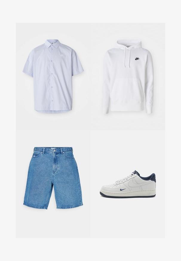 Sudadera blanca de mezcla de algodón con capucha ajustable, bolsillo canguro frontal, puños acanalados y un pequeño logo negro de Nike en el pecho.; Camisa de manga corta azul claro hecha de una tela suave, con un diseño de botones y un pequeño logo blanco de Nike en el pecho.; Pantalones cortos de denim azul claro con un ajuste relajado, que cuentan con una cintura alta, cinco bolsillos y un corte recto en el dobladillo.; Zapatillas Nike Air Force 1 de cuero blanco con acentos en azul marino, puntera perforada, cordones planos y suela de goma texturizada.