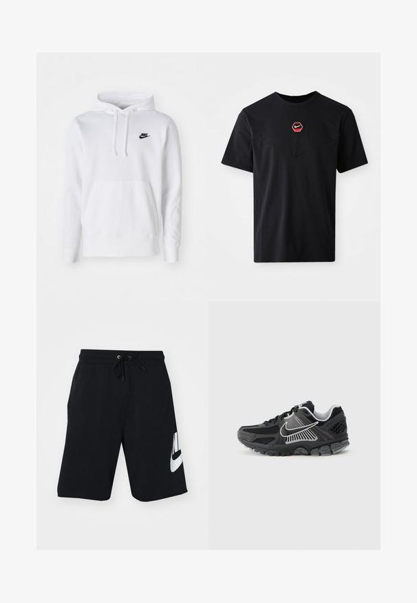 Sudadera blanca de mezcla de algodón con capucha ajustable, bolsillo canguro frontal, puños acanalados y un pequeño logo negro de Nike en el pecho.; Camiseta negra de mangas cortas hecha de algodón, con un logo hexagonal de Nike en rojo y blanco en el pecho y un escote redondeado.; Pantalones cortos de algodón negro con cintura elástica y cordón, bolsillos laterales y gran logo blanco de Nike impreso en el muslo izquierdo. Diseño atlético clásico.; Zapatilla deportiva negra con paneles de malla y detalles sintéticos. Presenta una punta redondeada, suela gruesa acolchada y detalles de logo en blanco que contrastan.