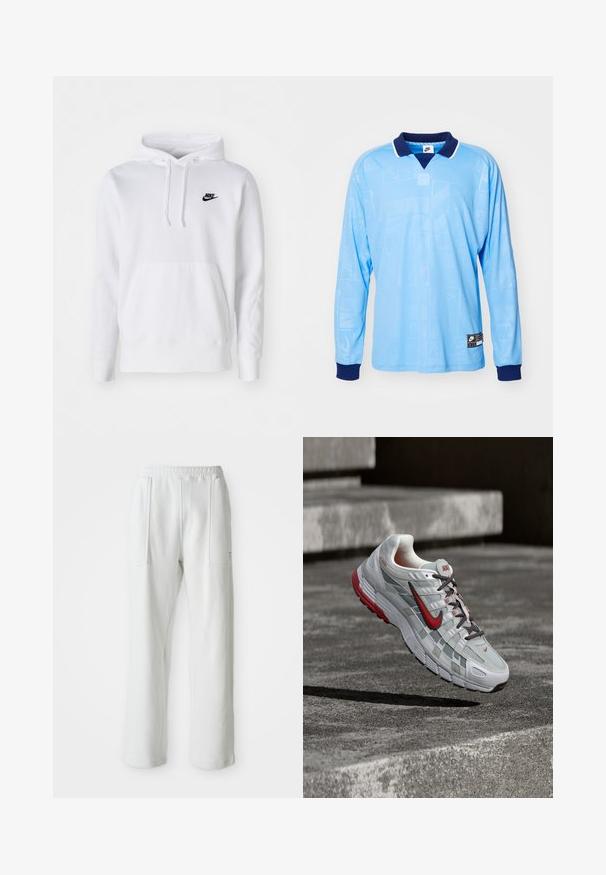 Hvid hættetrøje lavet af bomuldsblanding med snøre i hætten, frontlomme med kangaroo, ribbede manchetter og et lille sort Nike-logo på brystet.; Lyseblå langærmet polo trøje med marineblå krave og manchetter, med et diskret all-over mønster og Nike-logo på den nederste kant.; Hvide afslappede bukser med en elastisk talje og store forreste lommer, vist på en ensfarvet lys baggrund.; Hvid og grå Nike løbesko med røde accenter og sorte snørebånd, ophængt over grå beton-trin.