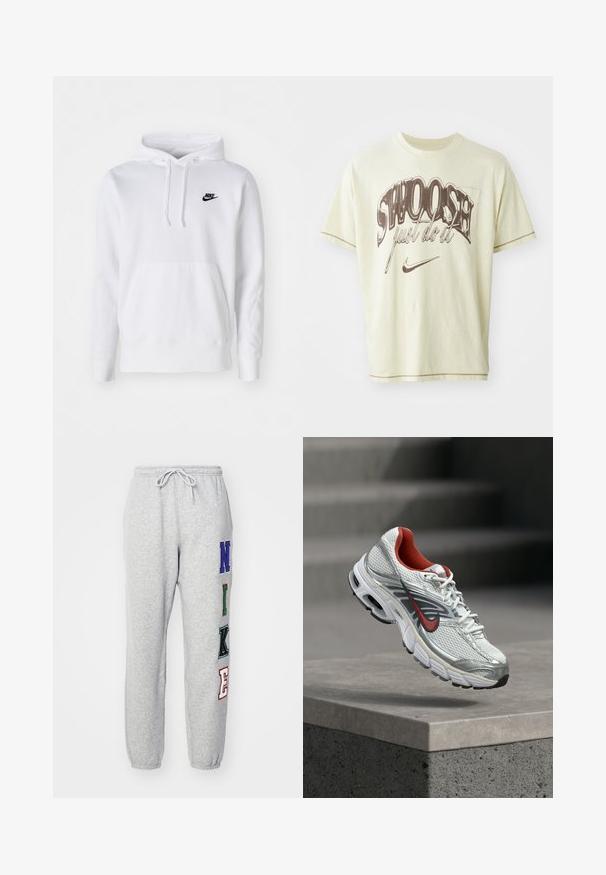 Sudadera blanca de mezcla de algodón con capucha ajustable, bolsillo canguro frontal, puños acanalados y un pequeño logo negro de Nike en el pecho.; Camiseta de algodón amarillo claro con un corte relajado, que presenta un texto gráfico marrón "SWOOSH" y "just do it" junto con el logo de la marca Nike.; Nike Sportswear Pantalones deportivos - dk grey heather; Zapatilla de running Nike blanca y plateada con detalles en rojo flotando sobre un saliente de hormigón, mostrando los detalles laterales y de la suela.