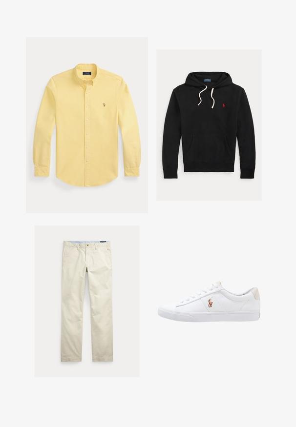 Čierna mikina s kapucňou s bielymi šnúrkami, predným vreckom a malým červeným logom Polo Ralph Lauren na hrudi.; Žltá košeľa s dlhým rukávom na gombíky s golierom a malým vyšitým logom na ľavej strane hrude, položená na bielom pozadí.; Béžové bavlnené nohavice s rovnými nohavicami, opaskové pútká, predné zapínanie na gombík, zips a bočné vrecká.; Biele plátenné tenisky s nízkym strihom, ktoré majú béžový opasok na päte a malé vyšívané logo na boku. Gumová podrážka.