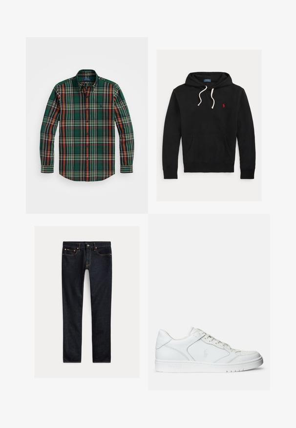 Musta huppari valkoisilla naruilla, etutaskulla ja pienellä punaisella Polo Ralph Lauren -logolla rinnassa.; Vihreä ruudullinen nappipaita, jossa on oransseja, laivastonsinisiä ja valkoisia raitoja. Ominaisuuksiin kuuluu klassinen kaulus ja pitkät hihat, valmistettu pehmeästä puuvillakankaasta.; Tummansininen slim-fit-farkut, joissa on viisi taskua, nappisuljenta ja kontrastivärisiä saumoja, asetettuna tasaiselle vaalealle taustalle.; Valkoinen nahkakenkä, jossa on sileä pinta, varustettuna rei'itetyllä varpaalla, nauhakäytöllä ja brodeeratulla logolla sivulla. Valkoinen kumipohja.