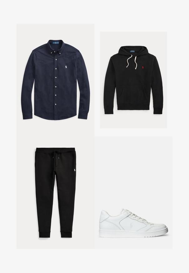 Sudadera negra con capucha y cordones blancos, bolsillo delantero y pequeño logo rojo de Polo Ralph Lauren en el pecho.; Camisa azul marino de manga larga con botones blancos y pequeño logo blanco bordado en el pecho izquierdo.; Pantalones jogger negros con tobillos con puños, cintura con cordón, bolsillos laterales y pequeño logo blanco de jugador de polo en el muslo derecho.; Zapatilla de cuero blanca con textura suave, que presenta una puntera perforada, cierre de cordones y logo bordado en el lateral. Suela de goma blanca.