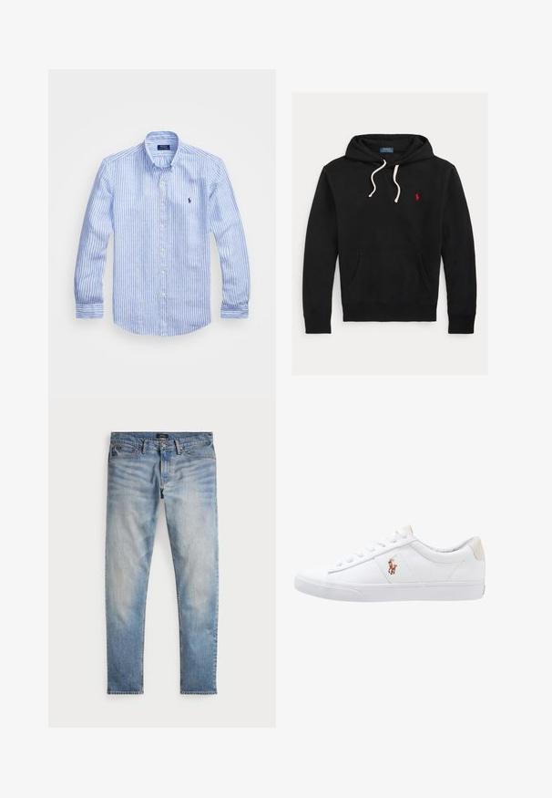 Musta huppari valkoisilla naruilla, etutaskulla ja pienellä punaisella Polo Ralph Lauren -logolla rinnassa.; Sininen ja valkoinen raidoitettu pitkähihaisen paita, joka on valmistettu puuvillasta. Paidassa on napillinen kaulus, etunapit ja pieni kirjailtu logo rinnassa.; Vaaleansiniset farkut, joissa on haalistunut pinta, viisi taskua ja kontrastiväriset ompeleet. Varustettu vetoketjullisella suljennalla ja vyölenkeillä. Suora leikkaus.; Valkoinen kangaslenkkari matalalla muotoilulla, jossa on beige kantapää ja pieni brodeerattu logo sivulla. Kumipohja.