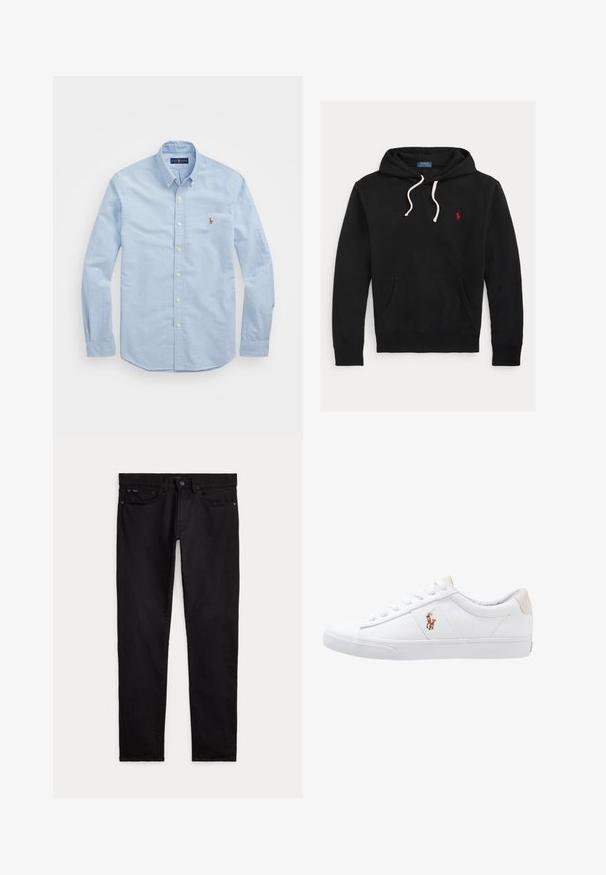 Must kapuutsiga dressipluus valgete paeltega, eesmine tasku ja väike punane Polo Ralph Laureni logo rinnal.; Heledad sinine pika varrukaga nööpidega särk, mis on valmistatud puuvillast, klassikalise kraega ja rinnal on väike punane tikandiga logo.; Mustad slim-fit teksapüksid esikülje ja tagakülje taskutega, vööaasadega ning nööbi ja lukuga sulguri, laotatud valgele taustale.; Valge kanvasest tennis, madala lõikega disain, millel on beež kontsapink ja väike tikitud logo küljel. Kummi välissole.
