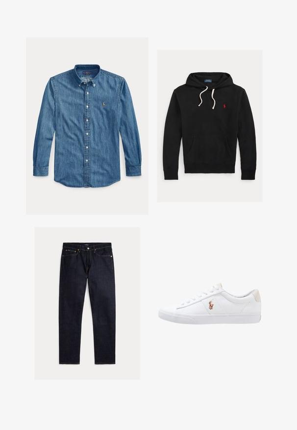 Čierna mikina s kapucňou s bielymi šnúrkami, predným vreckom a malým červeným logom Polo Ralph Lauren na hrudi.; Modrá rifľová košeľa s dlhým rukávom, golierom a malým vyšívaným logom na ľavej strane hrudníka vedľa gombíkov.; Tmavomodré rovné rifle s piatimi vreckami, zapínaním na gombík a zips, so z kontrastným oranžovým prešívaním na jednofarebnom pozadí.; Biele plátenné tenisky s nízkym strihom, ktoré majú béžový opasok na päte a malé vyšívané logo na boku. Gumová podrážka.