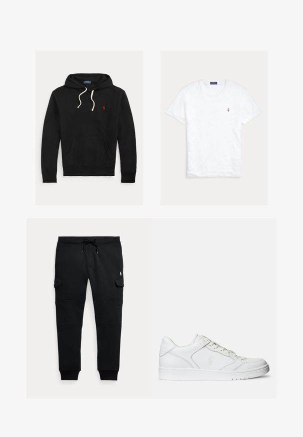 Sudadera negra con capucha y cordones blancos, bolsillo delantero y pequeño logo rojo de Polo Ralph Lauren en el pecho.; Camiseta blanca de manga corta y cuello redondo con pequeño logo bordado de Polo Ralph Lauren en el pecho izquierdo y etiqueta azul de la marca en el interior del cuello.; Pantalones jogger cargo negros con cintura ajustable con cordón, bolsillos laterales con solapa, puños acanalados y pequeño logo blanco de jugador de polo en el muslo derecho.; Zapatilla de cuero blanca con textura suave, que presenta una puntera perforada, cierre de cordones y logo bordado en el lateral. Suela de goma blanca.