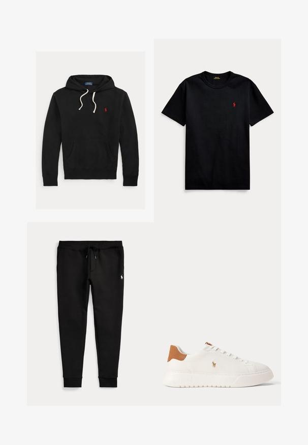 Must kapuutsiga dressipluus valgete paeltega, eesmine tasku ja väike punane Polo Ralph Laureni logo rinnal.; Must have lühikeste varrukatega must puuvillane T-särk, ümmargune kaelus ja väike punane tikitud logo vasakul rinnal. Sile tekstuur, lõdva disainiga.; Mustad jogger-püksid, mansettidega pahkluude juures, nööriga vöökoht, küljetaskud ja väike valge polo mängija logo paremal reiel.; Valged madala säärega tossud, pruun kannaosa, valged paelad ja väike tikandiga polo mängija logo külje peal paksu taldmiku kohal.