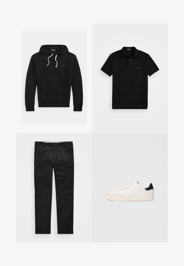 Schwarzer Hoodie mit weißen Kordeln, Fronttasche und kleinem roten Polo Ralph Lauren-Logo auf der Brust.; Schwarzes Poloshirt aus Baumwolle mit klassischem Kragen, kurzen Ärmeln und einem kleinen roten Logo auf der linken Brust.; Schwarze Chinos mit geradem Bein, aus einem Baumwollmischgewebe, mit Reißverschluss, Gürtelschlaufen und Seitentaschen. Glatte Textur.; Weiße Ledersneaker mit Wildlederakzenten, schwarzem Fersenlasche, Schnürdesign, perforierten Details und dezentem Branding an der Seite.