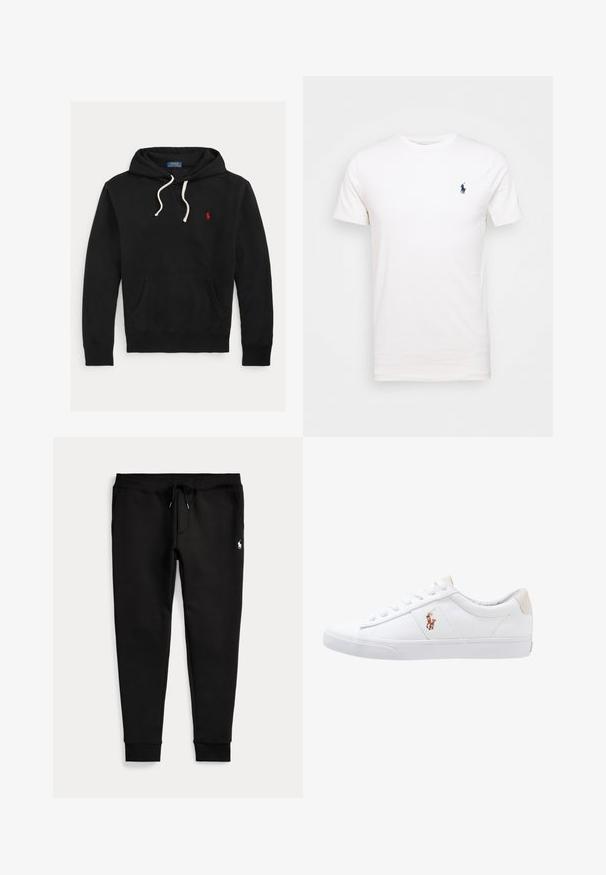 Schwarzer Hoodie mit weißen Kordeln, Fronttasche und kleinem roten Polo Ralph Lauren-Logo auf der Brust.; Weißes Baumwoll-T-Shirt mit Rundhalsausschnitt. Mit einem kleinen dunkelblauen Logo auf der linken Brust. Kurze Ärmel, glatte Textur.; Schwarze Jogginghose mit umgeschlagenen Bündchen, Tunnelzug in der Taille, Seitentaschen und kleinem weißen Polo-Spieler-Logo am rechten Oberschenkel.; Weiße Leinensneaker im Low-Top-Design mit einem beigen Ferseneinsatz und einem kleinen gestickten Logo an der Seite. Gummisohle.