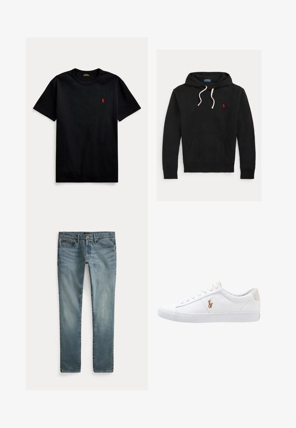 Must kapuutsiga dressipluus valgete paeltega, eesmine tasku ja väike punane Polo Ralph Laureni logo rinnal.; Must have lühikeste varrukatega must puuvillane T-särk, ümmargune kaelus ja väike punane tikitud logo vasakul rinnal. Sile tekstuur, lõdva disainiga.; Sirged säärtega sinised teksad, ees taskud, vööaasad ja nööpidega sulgemine.; Valge kanvasest tennis, madala lõikega disain, millel on beež kontsapink ja väike tikitud logo küljel. Kummi välissole.
