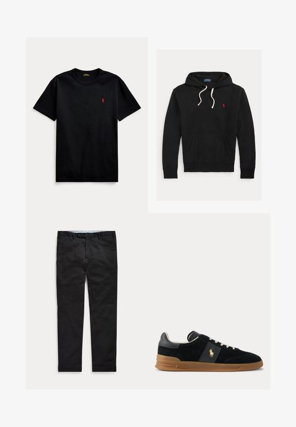 Μαύρο hoodie με λευκά κορδόνια, μπροστινή τσέπη και μικρό κόκκινο λογότυπο Polo Ralph Lauren στο στήθος.; Μαύρη βαμβακερή μπλούζα με κοντά μανίκια, στρογγυλή λαιμόκοψη και μικρό κόκκινο κεντητό λογότυπο στο αριστερό στήθος. Λείο υλικό, casual σχέδιο.; Μαύρο στενό παντελόνι ανδρικό με θηλιές για ζώνη και εμπρόσθιες τσέπες, απλωμένο επίπεδα σε ανοιχτό φόντο.; Μαύρο χαμηλό sneaker με λευκά κορδόνια, καφέ καουτσούκ σόλα και χρυσλό λογότυπο Polo στο πλάι και στο ταμπελάκι φτέρνας.