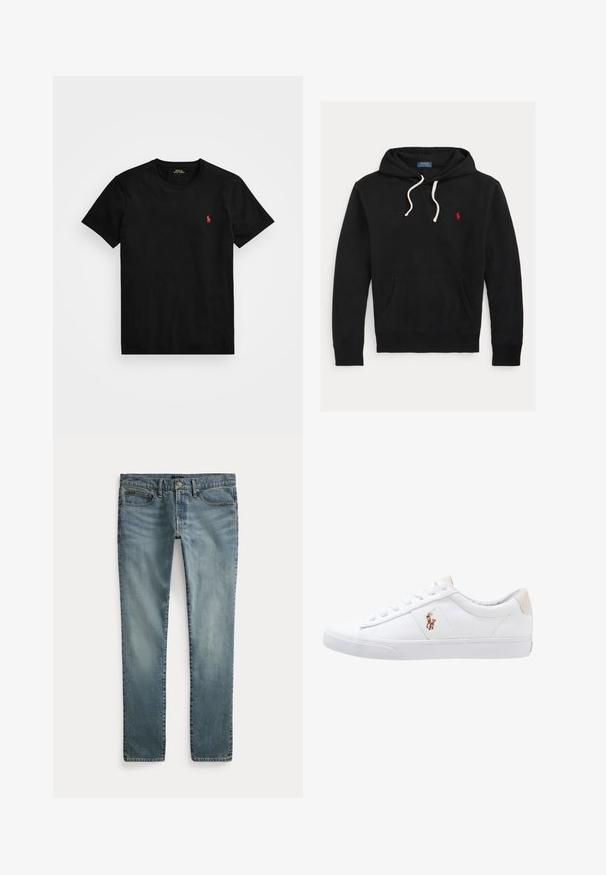Must kapuutsiga dressipluus valgete paeltega, eesmine tasku ja väike punane Polo Ralph Laureni logo rinnal.; Must värvi puuvillane T-särk ümarate kaelustega, lühikeste varrukatega ja vasakul rinnal väikese punase tikitud logoga. Sile tekstuur, klassikaline lõige.; Sirged säärtega sinised teksad, ees taskud, vööaasad ja nööpidega sulgemine.; Valge kanvasest tennis, madala lõikega disain, millel on beež kontsapink ja väike tikitud logo küljel. Kummi välissole.