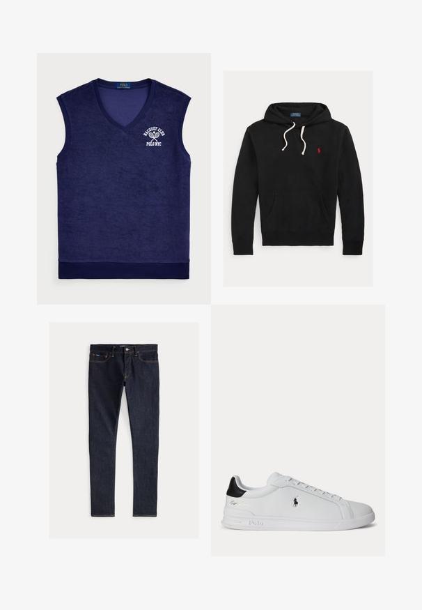Must kapuutsiga dressipluus valgete paeltega, eesmine tasku ja väike punane Polo Ralph Laureni logo rinnal.; Tumesinine ilma varrukateta polo särk froteematerjalist; sellel on V-kujuline kaelus, ribaga kaelus ja valge logo tennise reketitega.; Tumedatest sinises denimi kitsad püksid, millel on viis taskut, kollane õmblus ja nööbiga sulgur vööl. Sile tekstuur.; Valge madala säärega toss musta kandumärgiga, paelte ja Polo Ralph Laureni logoga küljel, reljeefsete talladetailidega.