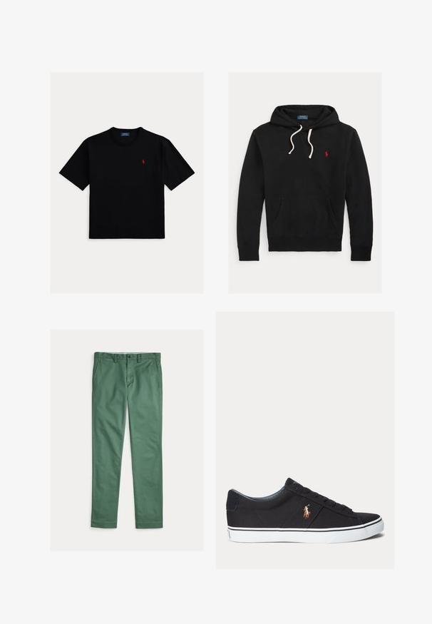 Μαύρο hoodie με λευκά κορδόνια, μπροστινή τσέπη και μικρό κόκκινο λογότυπο Polo Ralph Lauren στο στήθος.; Μαύρο κοντομάνικο βαμβακερό μπλουζάκι, με στρογγυλή λαιμόκοψη και μικρό κόκκινο λογότυπο πόλο στο αριστερό στήθος.; Πράσινο ανδρικό παντελόνι με ίσια γραμμή, εμπρός τσέπες, θηλιές για ζώνη και κούμπωμα με κουμπί, απλωμένο σε λευκό φόντο.; Μαύρο χαμηλό sneaker με λευκή σόλα και κεντημένο λογότυπο παίκτη πόλο στο πλάι, με κορδόνια και υφασμάτινο επάνω μέρος με υφή.