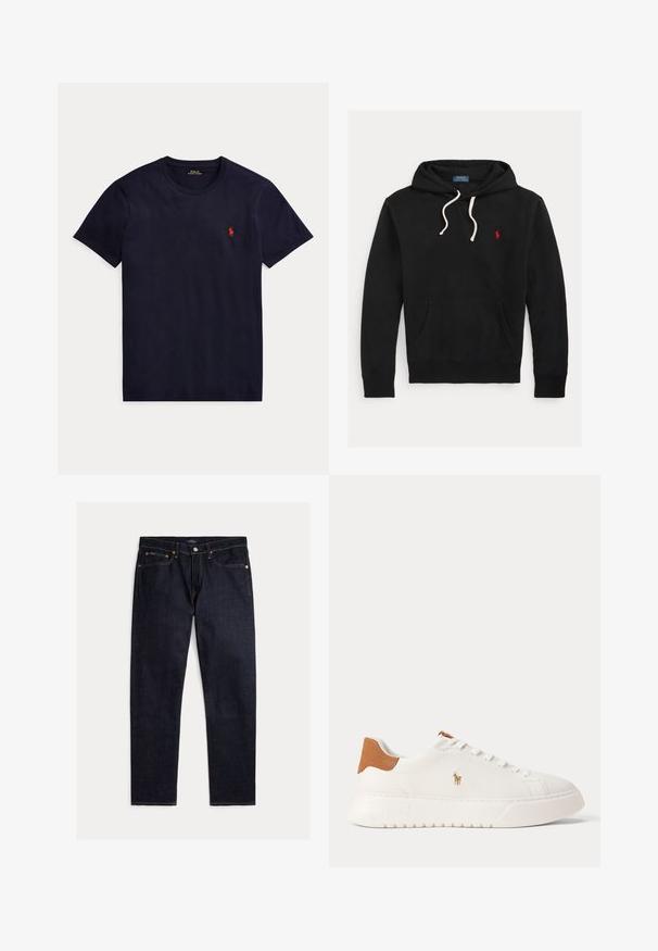 Čierna mikina s kapucňou s bielymi šnúrkami, predným vreckom a malým červeným logom Polo Ralph Lauren na hrudi.; Tmavomodré tričko s krátkym rukávom a okrúhlym výstrihom s malým červeným logom Polo Ralph Lauren na ľavej strane hrude.; Tmavomodré rovné rifle s piatimi vreckami, zapínaním na gombík a zips, so z kontrastným oranžovým prešívaním na jednofarebnom pozadí.; Biely nízky teniska s béžovou pätovou záložkou, bielymi šnúrkami a malým vyšívaným logom hráča póla na boku nad tlustou podrážkou.