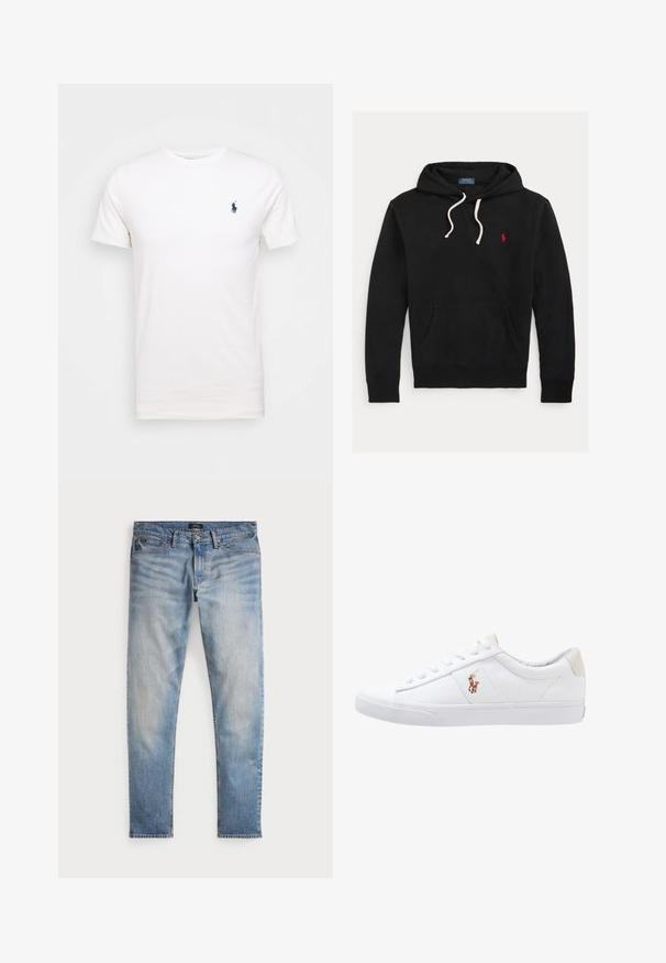 Sudadera negra con capucha y cordones blancos, bolsillo delantero y pequeño logo rojo de Polo Ralph Lauren en el pecho.; Camiseta de algodón blanca con cuello redondo. Presenta un pequeño logo azul oscuro en el lado izquierdo del pecho. Mangas cortas, textura suave.; Jeans de mezclilla azul claro con un acabado desteñido, diseño de cinco bolsillos y costuras en contraste. Incluyen un cierre de cremallera y trabillas para cinturón. Corte recto.; Zapatilla de lona blanca con diseño de corte bajo, que cuenta con un taco trasero beige y un pequeño logo bordado en el costado. Suela de goma.