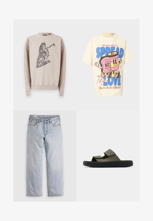 Beige sweatshirt van katoen met een ronde hals. Voorzijde met zwart grafisch ontwerp, inclusief de tekst "Volcom" en abstracte figuren.; Roomwit T-shirt met cartoon geroosterd brood en jam die hand in hand lopen, met de tekst "Aardbeigoedheid Verspreid de Liefde" en "Jij bent de jam bij mijn toast."; Lichtblauwe rechte jeans met een hoge taille, knoopsluiting en voor- en achterzakken, gepresenteerd op een vlakke ondergrond.; Groene rubberen sandalen met twee verstelbare banden en een gestructureerde zwarte zool met een profielpatroon. Merklogo zichtbaar op de band.