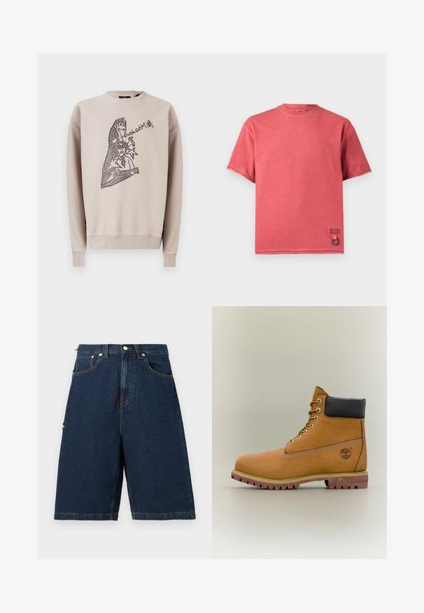 Beige sweatshirt van katoen met een ronde hals. Voorzijde met zwart grafisch ontwerp, inclusief de tekst "Volcom" en abstracte figuren.; Rood verkleurd T-shirt met korte mouwen, ronde hals, klein merkdetail en metalen ring bij de zoom.; Donkerblauwe denim shorts met een losse pasvorm, voorzien van twee voorzakken en een achterzak, afgewerkt met oranje stikselaccenten.; Bruine leren enkellaars met zwarte kraag, gele veters en een zandkleurige zool. Voorzien van een logo en witte stikseldetails. Robuuste loopzool met grip.