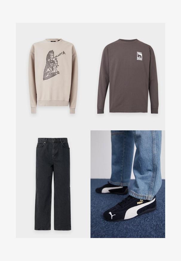 Beige Sweatshirt aus Baumwolle mit Rundhalsausschnitt. Vorderseite mit schwarzem Grafikdesign, darunter der Schriftzug „Volcom“ und abstrakte Figuren.; Langärmeliges dunkelgraues Rundhalsshirt mit weißem "OBEY RECORDS"-Logo und stilisiertem Gesichtsgrafik auf der linken Brust.; Dunkelblaue Denim-Hosen mit weitem Bein, Fünf-Taschen-Design und Knopfverschluss. Enthält Hardware in kupferfarbener Ausführung und eine subtile Textur.; Schwarze Wildledersneaker mit weißen Akzenten und einem goldenen Logo. Getragen mit hellblauen Jeans und auf einer strukturierten blauen Oberfläche platziert.