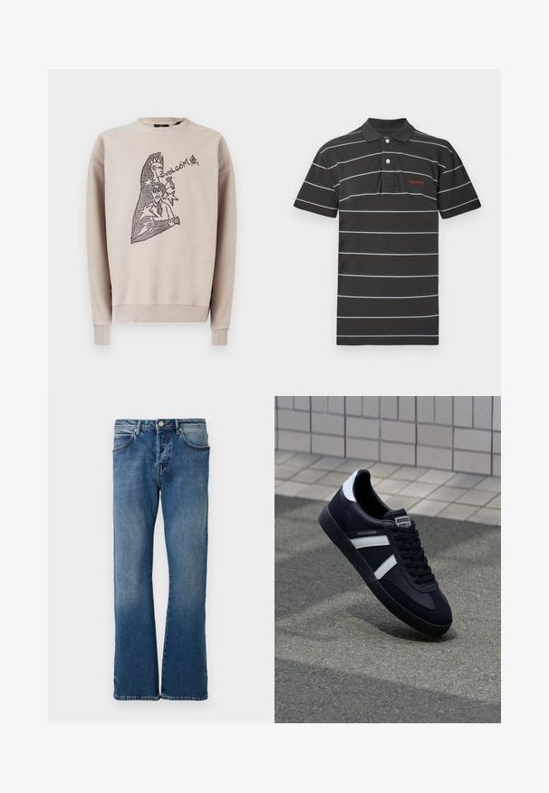 Beige Sweatshirt aus Baumwolle mit Rundhalsausschnitt. Vorderseite mit schwarzem Grafikdesign, darunter der Schriftzug „Volcom“ und abstrakte Figuren.; Schwarzes Poloshirt mit weißen und blauen horizontalen Streifen, klassischem Kragen, zwei Knöpfen und einem roten Logo auf der Brust. Material aus Baumwollmischung.; Helle blaue Jeans aus Denim mit geradem Bein, ausgestattet mit fünf Taschen, einem Knopfverschluss und subtilen Ausbleichungen auf dem Stoff.; Schwarze Leder-Sneaker mit weißen Streifen, strukturiertem Gummisohle und Schnürung. Verfügt über ein Markenetikett auf der Zunge.