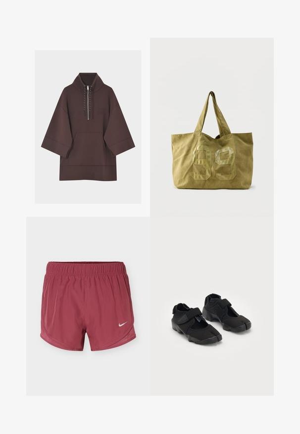 Mørkebrun pullover hoodie med brede trekvartlange ærmer, en front kangurulomme og en kort lynlås med snore ved kraven.; Vinrøde Nike løbeshorts med elastisk linning og hvid Nike swoosh-logo på højre ben mod en ensfarvet baggrund.; Sorte vandsko lavet af fleksibelt stof med en velcrorem, der har et unikt split-tå design og en tekstureret gummisål for bedre greb.; Stor olivengrøn stoftaske med to håndtag og skinnende nummer "99" syet på fronten.