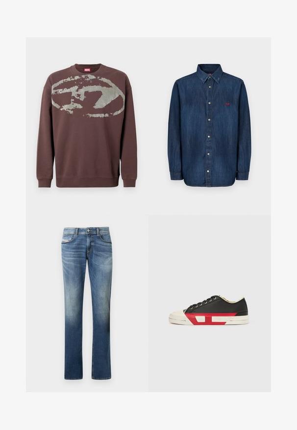 Brown long-sleeve sweatshirt with a large faded gray abstract oval pattern across the chest and ribbed cuffs and hem.; Denim shirt features a dark blue hue, button-down front, pointed collar, long sleeves, and a small red logo on the chest.; Blue denim jeans with a faded finish, straight-leg design, five-pocket style, and subtle stitching details. Classic button closure.; Black canvas sneaker with red accents, rubber toe cap, and white sole. Features black laces and a textured design on the side.