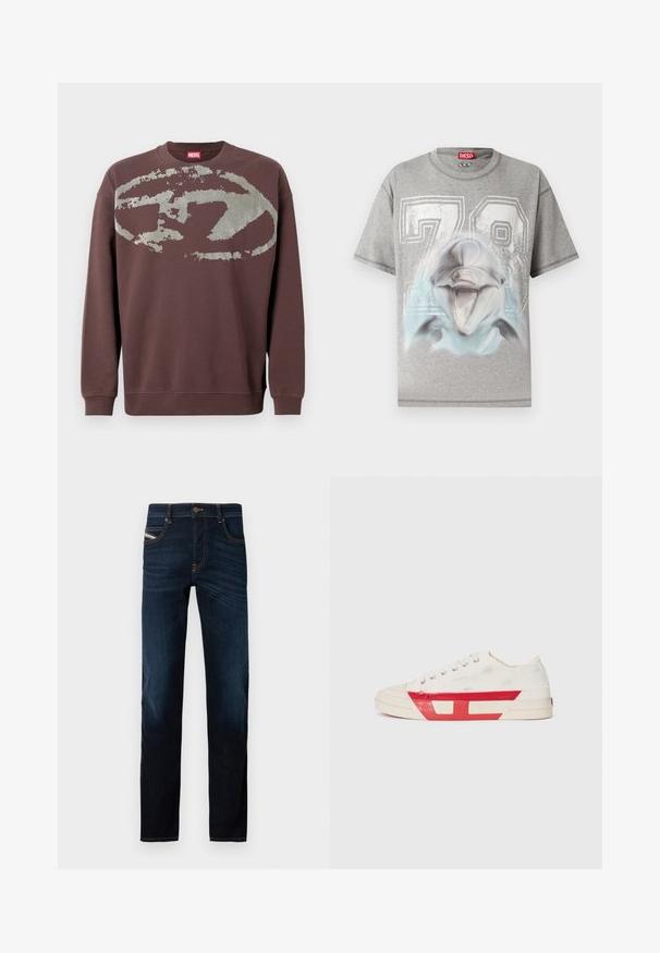 Sweat-shirt marron à manches longues avec un grand motif ovale abstrait gris délavé sur la poitrine et des poignets et un ourlet côtelés.; T-shirt gris à manches courtes avec un grand imprimé blanc "78" et un graphisme détaillé d'une tête de dauphin souriante à l'avant.; Jean bleu foncé coupe droite classique. Fabriqué en denim, avec des coutures orange, cinq poches et une braguette à boutons.; Baskets en toile avec un dessus blanc, des accents en caoutchouc rouge et un design texturé. Elles présentent une tête arrondie et cinq œillets pour les lacets.