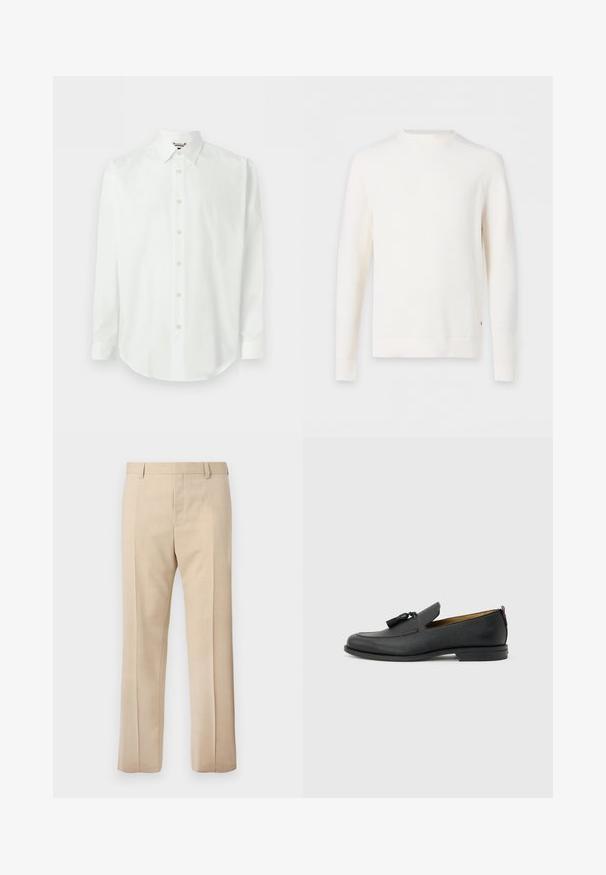 Pull en maille côtelée blanc à manches longues avec col rond, présenté à plat sur un fond clair.; Chemise blanche à manches longues avec devant boutonné, col classique et poignets, présentée sur un fond clair uni.; Pantalon beige sur mesure avec passants pour ceinture, pli devant et fermeture éclair dissimulée, présenté sur un fond uni.; Mocassin pour homme en cuir noir avec pompons, bout arrondi, petit talon et languette à l'arrière, présenté de profil sur un fond gris clair.
