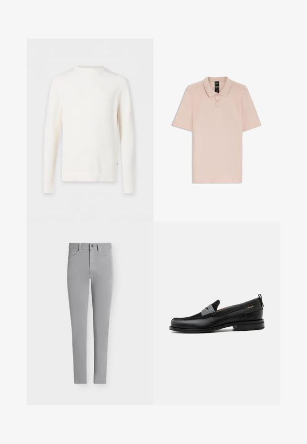 Pull en maille côtelée blanc à manches longues avec col rond, présenté à plat sur un fond clair.; Polo rose clair à manches courtes avec texture côtelée sur les épaules et les manches, patte de boutonnage à deux boutons, et petit logo "BOSS" sur la poitrine.; Pantalon gris clair slim fit avec fermeture boutons et zip à l'avant, passants de ceinture et design classique cinq poches.; Mocassin en cuir noir avec détail de bride grise, talon bas et semelle texturée, marqué "HUGO" en or sur le côté.
