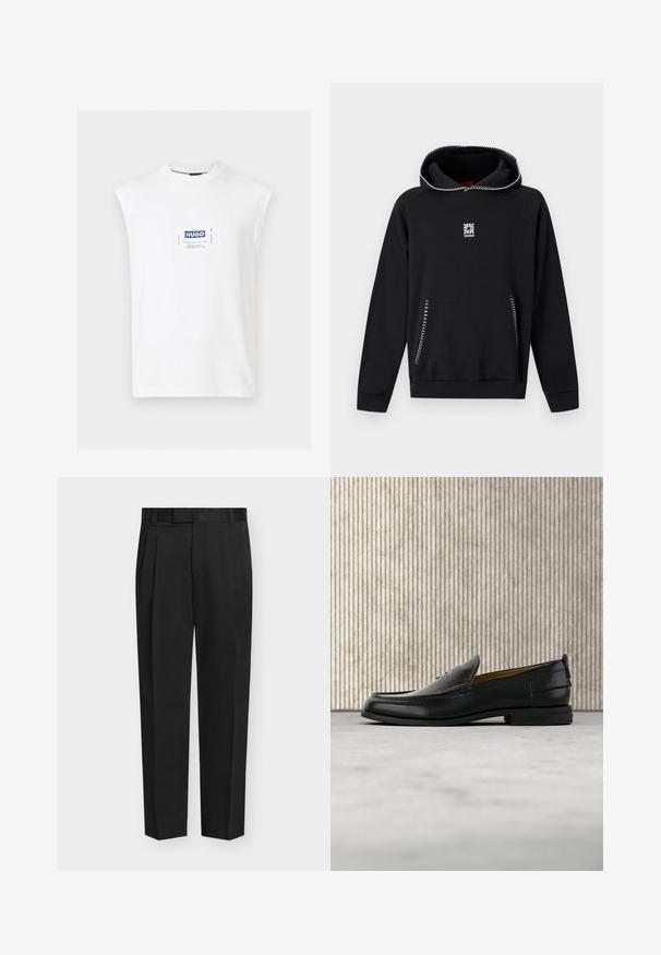 Sweat à capuche noir avec des coutures blanches en zigzag sur la capuche et les bords des poches, avec un petit logo floral blanc et le texte "HUGO" sur la poitrine.; T-shirt blanc sans manches à col rond avec un patch rectangulaire centré du logo HUGO en bleu et blanc sur la poitrine.; Pantalon noir droit et ajusté avec passants pour ceinture, poches latérales et pli sur le devant.; Mocassin pour homme en cuir noir avec un dessus embossé effet croco et un petit talon, présenté de profil sur un fond neutre.
