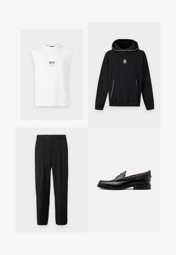 Sweat à capuche noir avec des coutures blanches en zigzag sur la capuche et les bords des poches, avec un petit logo floral blanc et le texte "HUGO" sur la poitrine.; T-shirt blanc sans manches à col rond avec un patch rectangulaire centré du logo HUGO en bleu et blanc sur la poitrine.; Pantalon noir à jambe droite, confectionné en tissu tissé, avec devant plat, passants pour ceinture et deux poches latérales.; Mocassin homme en cuir noir avec couture moc toe, bride penny, col texturé et petit talon empilé sur fond blanc.